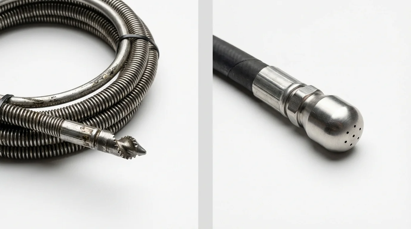 Drain snake cable and hydro jetting nozzle used for drain cleaning in Freeport, TX