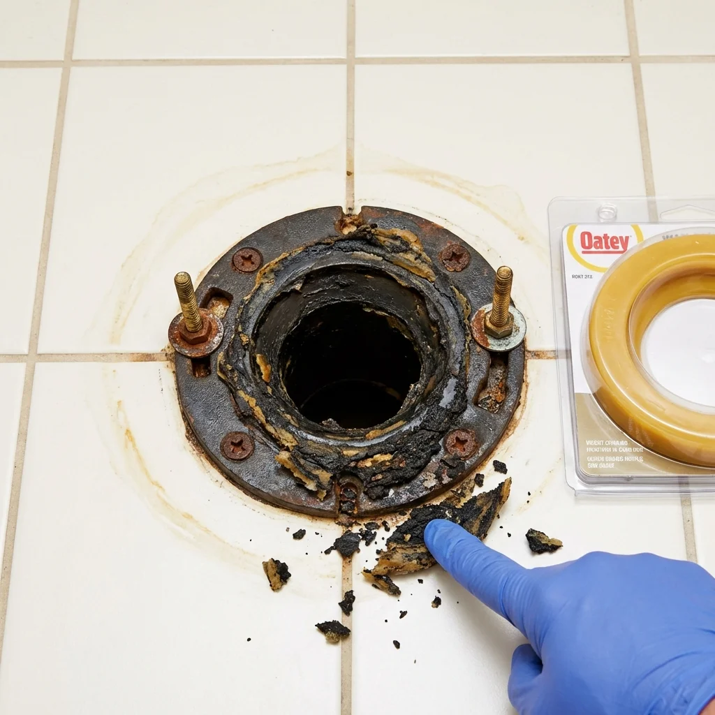 Failed wax ring showing water seepage at the base of a toilet in a Freeport, TX home