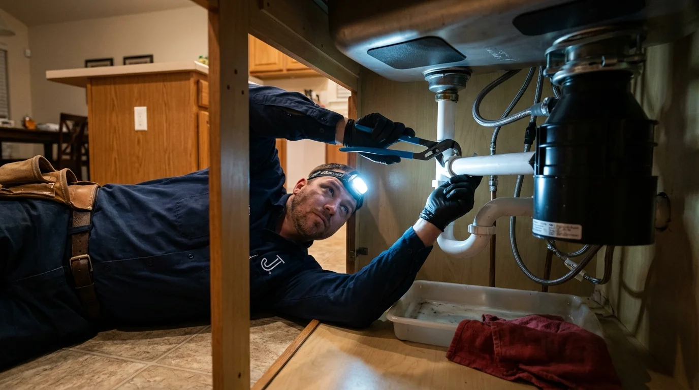 P-trap and supply line connections under a kitchen sink showing a common leak point in Freeport, TX